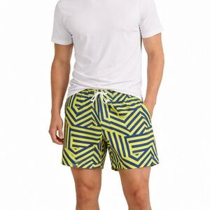 VOLVE Men’s Swim Trunks Medium Yellow Blue Geometric Pattern Beach Shorts